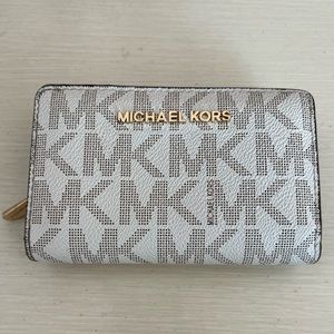 Michael Kors wallet, small — tan/creme logo print